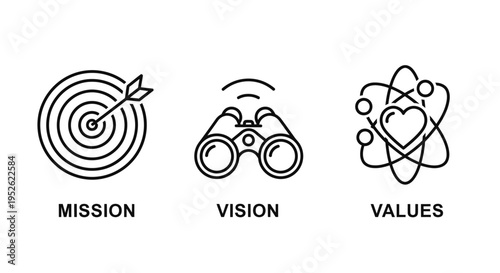 line art icons representing mission vision and values fundamental business concepts for strategic planning and company identity.