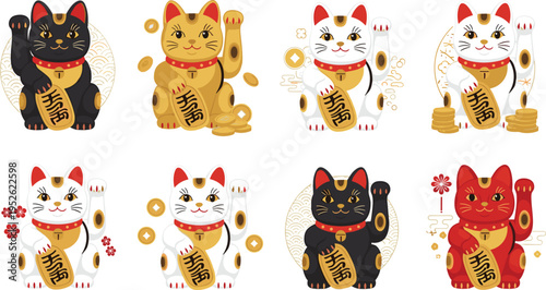 Maneki neko lucky cat vector set with Japanese fortune cats, gold coins, traditional symbols and prosperity charm illustrations
