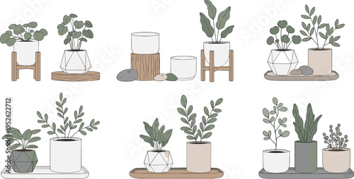 Minimal indoor plants in pots vector set with modern home decor greenery, houseplants collection in neutral tones aesthetic illustration