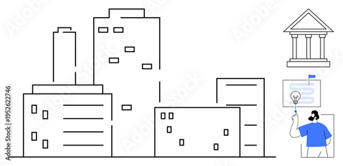 Urban planning, government institutions, business strategies, education, decision-making, presentations, innovation. City buildings a government structure and a person presenting a plan. Urban