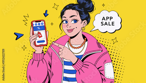 Trendy Young Woman Pointing at Smartphone with App Sale Speech Bubble Pop Art Vector Illustration for E-commerce Marketing and Digital Discount Promotions