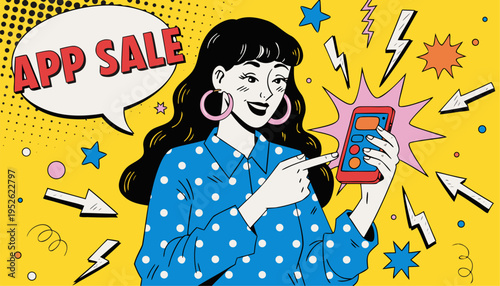 Trendy Young Woman Pointing at Smartphone with App Sale Speech Bubble Pop Art Vector Illustration for E-commerce Marketing and Digital Discount Promotions