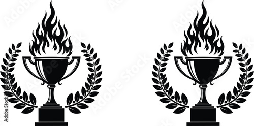 Trophy silhouette with flames, laurel wreath victory award icon, achievement competition symbol, honor excellence design, prestige celebration sports illustration