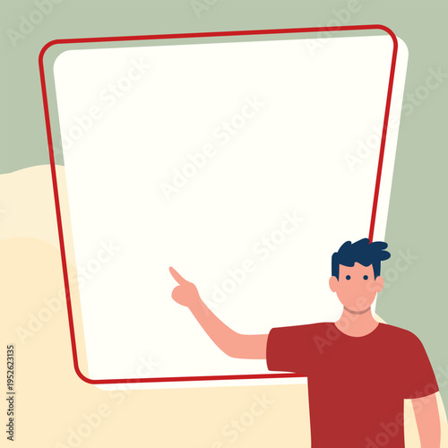 Presentator shows important information on whiteboard. Man show main message written over big text holder. Finger pointing to table with words.