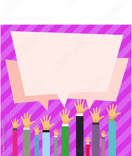 Hands raised up pointing to whiteboard with important information. Big white text holder behind main object contains message. Empty speech bubble on colored background.