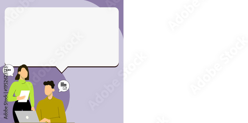 Man sitting at the table with laptop. Woman standing near computer. People discussing latest news. Big white text holder on colored background contains agenda.