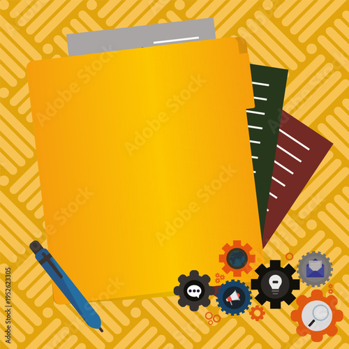 Paper sheets with text laying on bright colored background. Pencil draws main message. Notebook contains important information. Empty Space For Advertising.