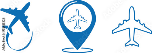 Airplane icons in various blue shades and styles isolated on transparent background, Vector, illustration