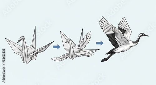 Origami Crane Transforming into Real Bird Evolution Process Sketch Illustration