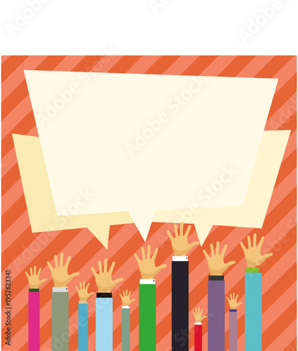 Hands raised up pointing to whiteboard with important information. Big white text holder behind main object contains message. Empty speech bubble on colored background.