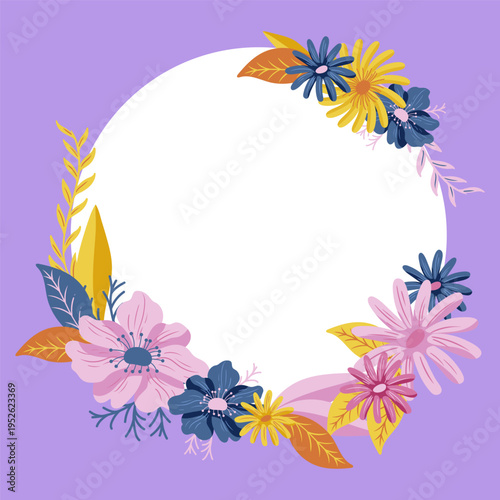 Blank purple Frame Decorated With Colorful Flowers And Foliage Arranged Harmoniously. Empty Poster Border Surrounded By Multicolored Bouquet Organized Pleasantly.