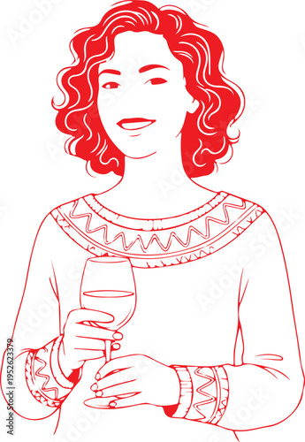 a woman with red hair holding a glass of wine isolated on transparent background, Vector, illustration