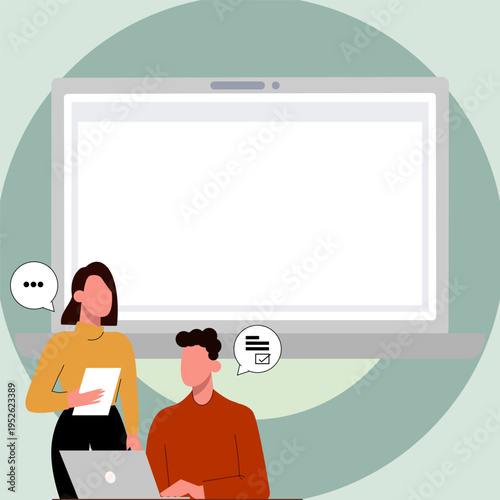 Man sitting at the table with laptop. Woman standing near computer. People discussing latest news. Big white text holder on colored background contains agenda.