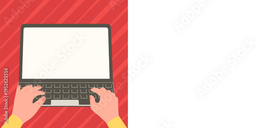 Hands typing text with keyboard. Laptop screen contains important information. PC contains main message. Updates Presented on computer monitor. Bright colored background.