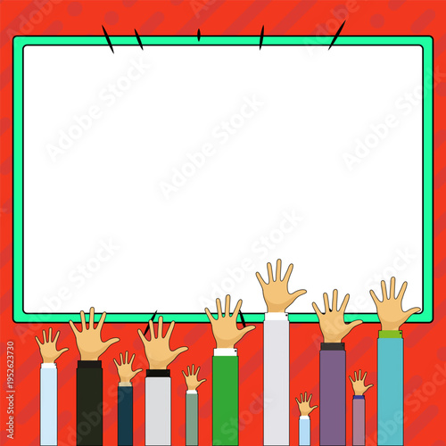 Hands raised up pointing to whiteboard with important information. Big white text holder behind main object contains message. Empty speech bubble on colored background.