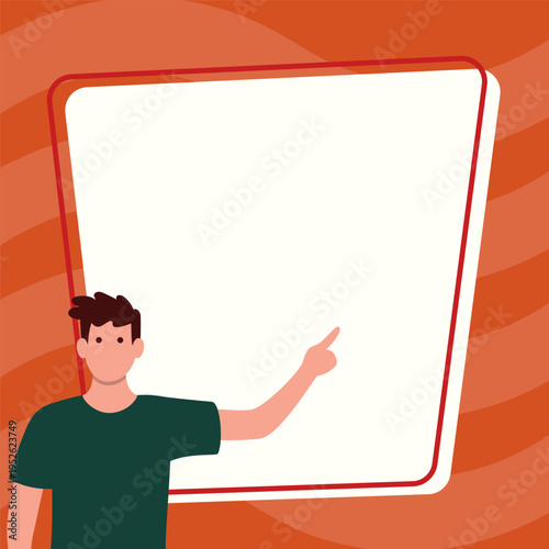 Presentator shows important information on whiteboard. Man show main message written over big text holder. Finger pointing to table with words.