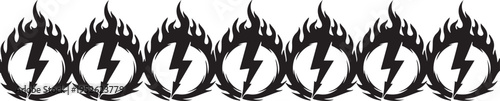 a row of black and white lightning bolt icons surrounded by flames isolated on transparent background, Vector, illustration