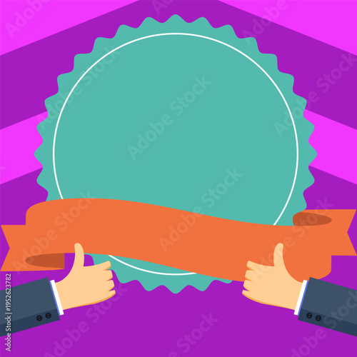 Big finger raised up pointing to whiteboard with important information. White text holder behind hands contains main message. Empty speech bubble on bright colored background.