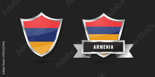 High-quality glossy silver shield emblems with the flag of Armenia. Includes badge with ribbon banner and country name. Perfect for patriotic, sports, and cultural identity vector designs.
