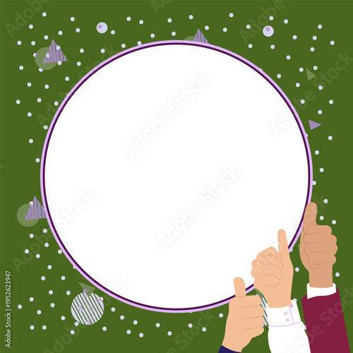 Big finger raised up pointing to whiteboard with important information. White text holder behind hands contains main message. Empty speech bubble on bright colored background.