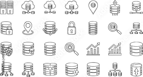 Hand Drawn Database and Server Icons: Cloud Computing, Security, Analytics  Networking Concept