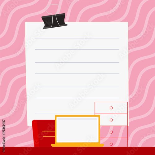 Laptop standing on desk near box. White screen contains new important information. Computer monitor with message. Empty text holder on bright colored background.