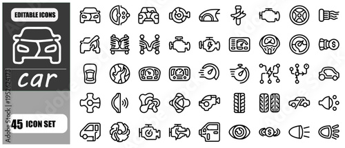 Complete Car Maintenance and Automotive Engineering Icon Set Featuring Vehicle Parts Dashboard Indicators Electric Mobility Transport Logistics Repair Service Tools and Abstract Driving Performance Li