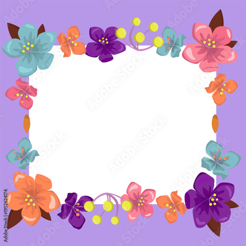 Blank purple Frame Decorated With Colorful Flowers And Foliage Arranged Harmoniously. Empty Poster Border Surrounded By Multicolored Bouquet Organized Pleasantly.