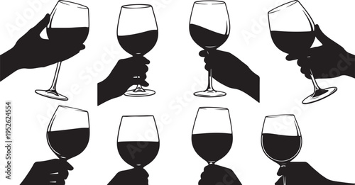 eight wine glasses with red wine in hands isolated on transparent background, Vector, illustration