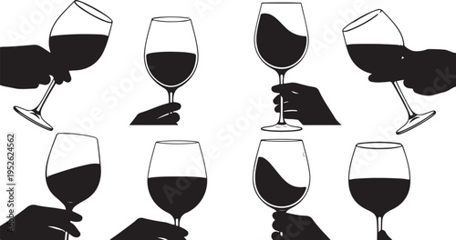 a set of eight wine glasses with red wine and hands holding them isolated on transparent background, Vector, illustration