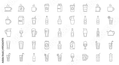 diverse collection of minimalist line art beverage icons for menu design app interfaces and graphic design projects.