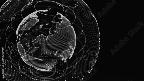 A digital model of the Earth created from glowing dots and lines. Energy orbits revolve around the planet, emphasizing global connections and the continuous exchange of information.
