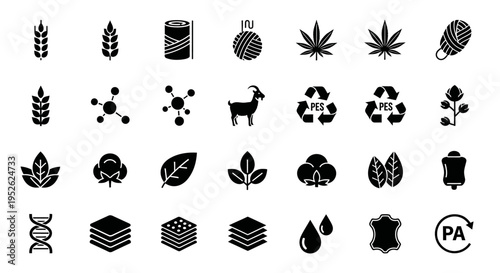 textile materials and sustainability icons illustrating natural synthetic and recycled fiber lifecycles for industry and ecological labeling.