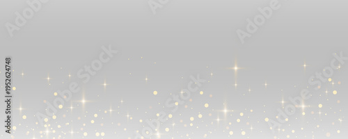 Floating golden dust with sparkling yellow particles and blurred bokeh glow on transparent background, enhanced with light effects and highlights for Christmas and New Year themed overlays, invitation