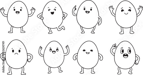 a group of cartoon eggs with different facial expressions isolated on transparent background, Vector, illustration