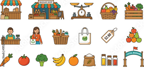 Professional Local Bazaar and Grocery Shopping Icon Set Featuring Market Stalls Fresh Vegetables Fruit Baskets Scales Shopper Characters and Organic Food Illustrations