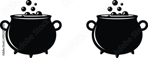 Two bubbling cauldrons with liquid, black and white illustration, Halloween concept artwork, witchcraft symbol, fantasy potion design, magical brew vector art