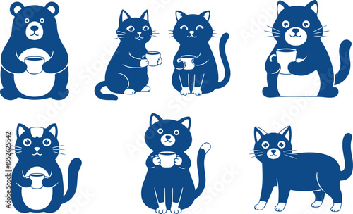 Cute cats drinking coffee, 7 blue animal vectors isolated on Transparent Background