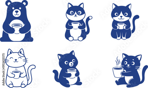 Cute cat and bear coffee icons, 6 animal vectors isolated on Transparent Background