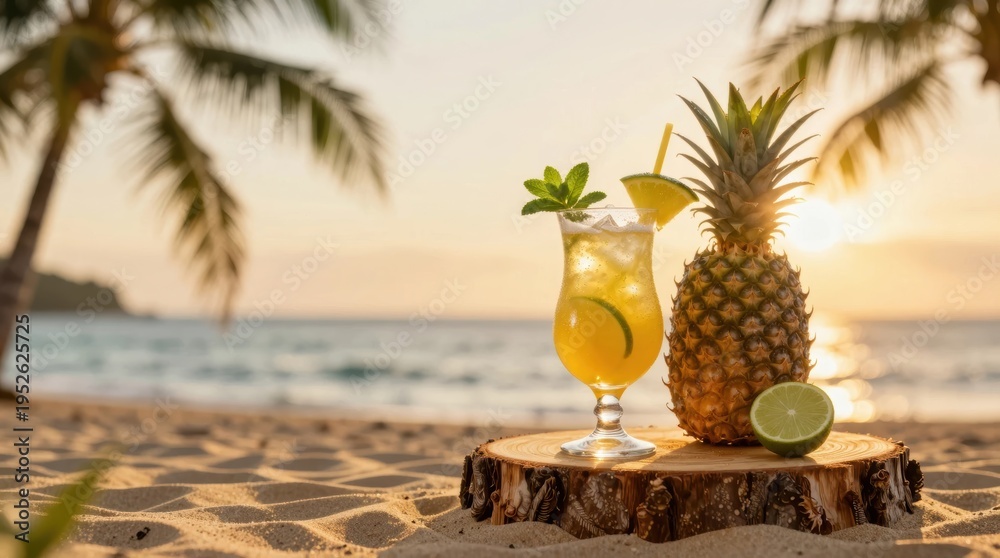 Obraz premium Cocktail and fresh fruit on beachside table at sunset facing ocean waves