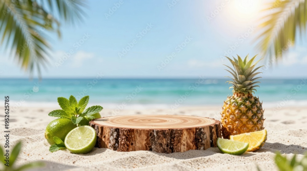 Obraz premium Fresh fruits and wood slice on sand by the beach with ocean and palm trees in clear daylight