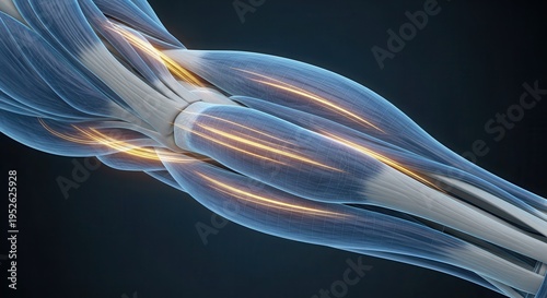 Detailed anatomical illustration of human arm muscles and tendons with glowing energy.
