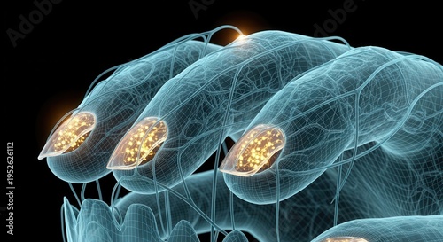 X-ray style visualization of human fingers and glowing fingernails with internal structures.