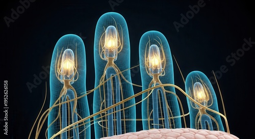 Microscopic view of sensory nerve endings and receptors in biological tissue, illustrating neural pathways and cellular structures.