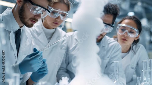 Group of young scientists conduct experiments in a laboratory filled with glassware and scientific equipment during a busy work session