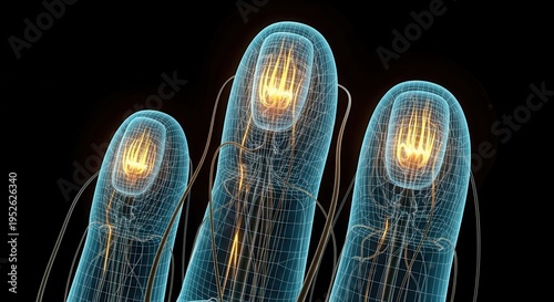 Detailed scientific rendering of human fingertips showing intricate internal structures and glowing nerve pathways.
