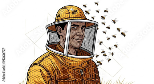 Professional Beekeeper in Protective Yellow Suit with Honeycomb Pattern Working with Honey Bees - Beekeeping Agriculture and Honey Production Concept