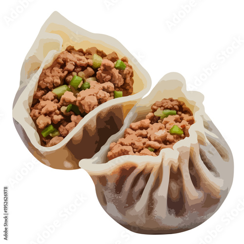 Delicious steamed dumplings filled with meat and vegetables on a white plate isolated on white background, Vector