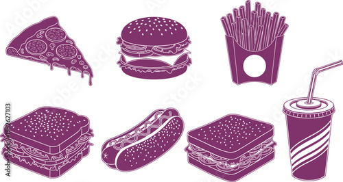 Set of purple fast food icons featuring pepperoni pizza slice, hamburger, french fries, sandwich, hot dog, and takeaway soda drink