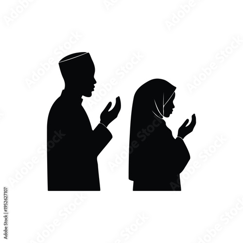 A man and woman praying in traditional attire durin silhouette icon vector flat design.